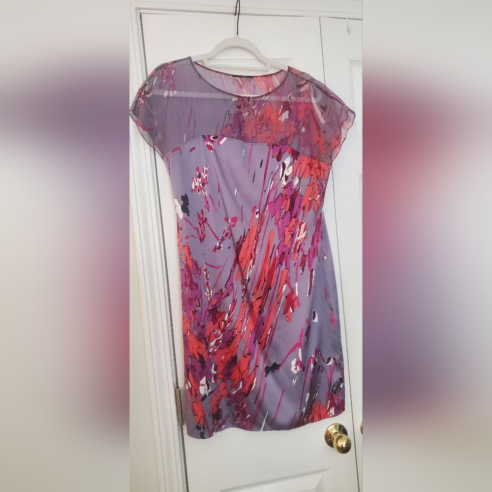 Elie Tahari Silk Dress Floral Lavender Orange Pink